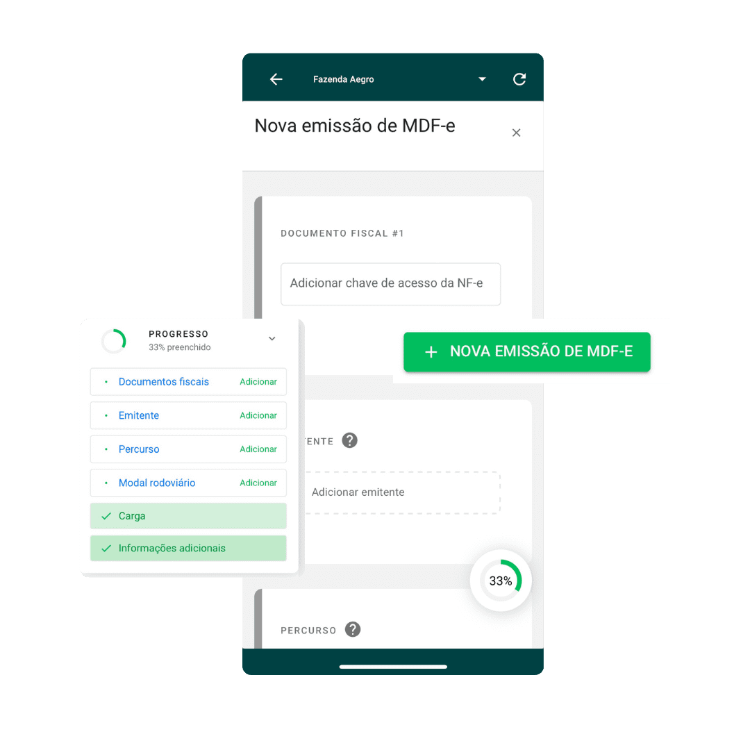 Demonstração de como é tela da emissão de MDF-e no app Aegro Negócios