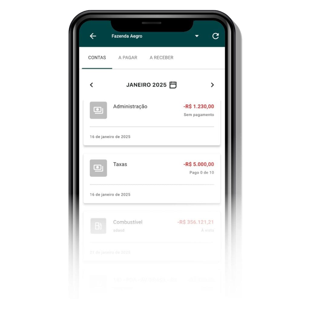 Celular exibindo a tela de acompanhamento financeiro no Aegro Negócios